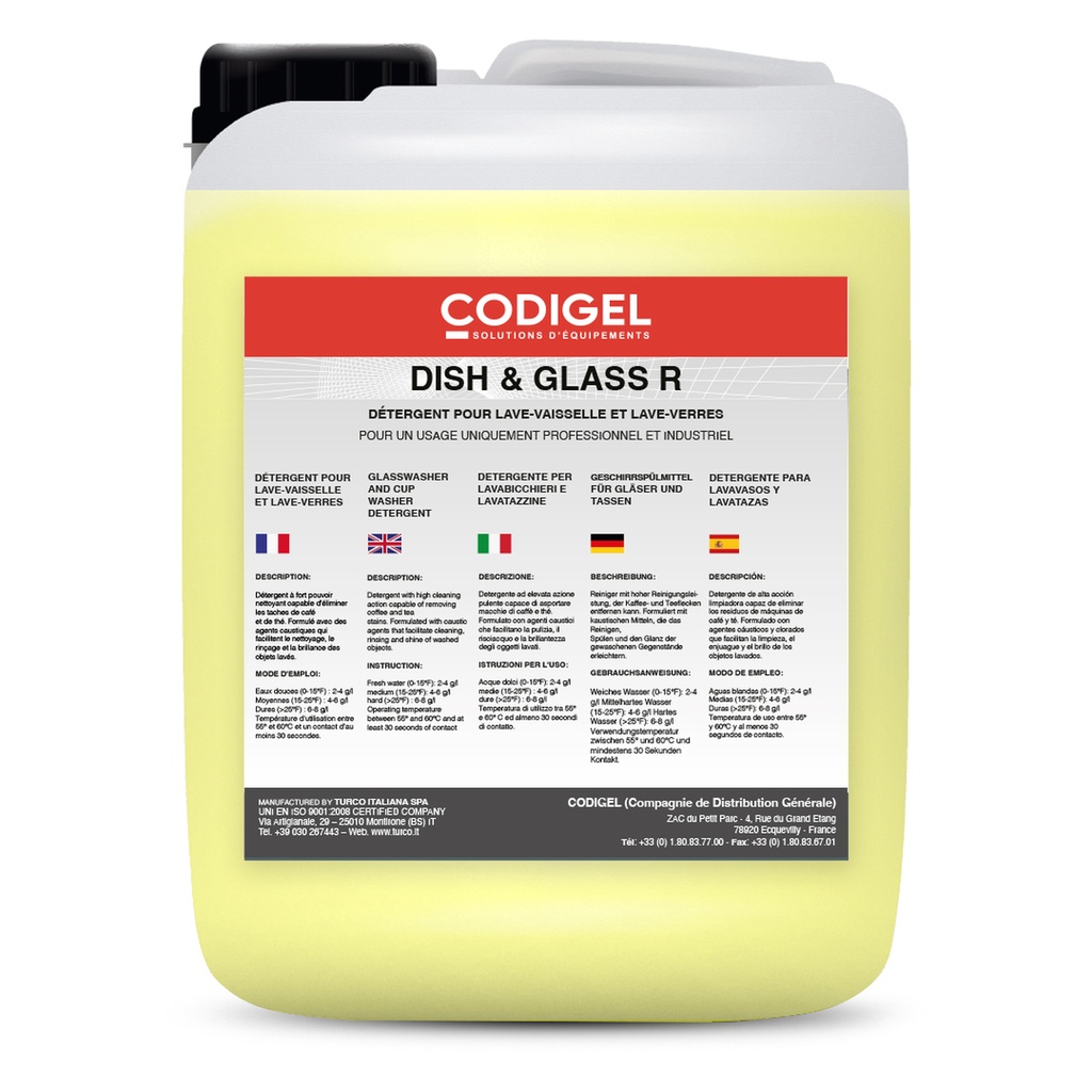 Détergent liquide concentré pour lave-vaiselle et lave-verres (eaux dures jusqu'à 30°f)  - Conditionnement : bidon de 10KG  - DISHGLASSC10U