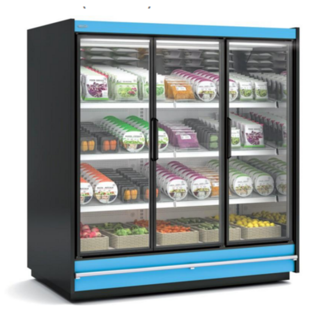 Vitrine murale supermarche gamme CLOVER - Hauteur 2m21 - Profondeur 991 mm - Avec portes vitrees - DOCRILUC - RMG22433-12-H1