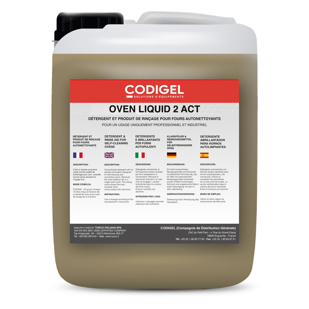 Détergent et produit de rinçage 2en1 pour fours autonettoyants - Conditionnement: bidon de 10KG - OVENLIQ2ACTC10U