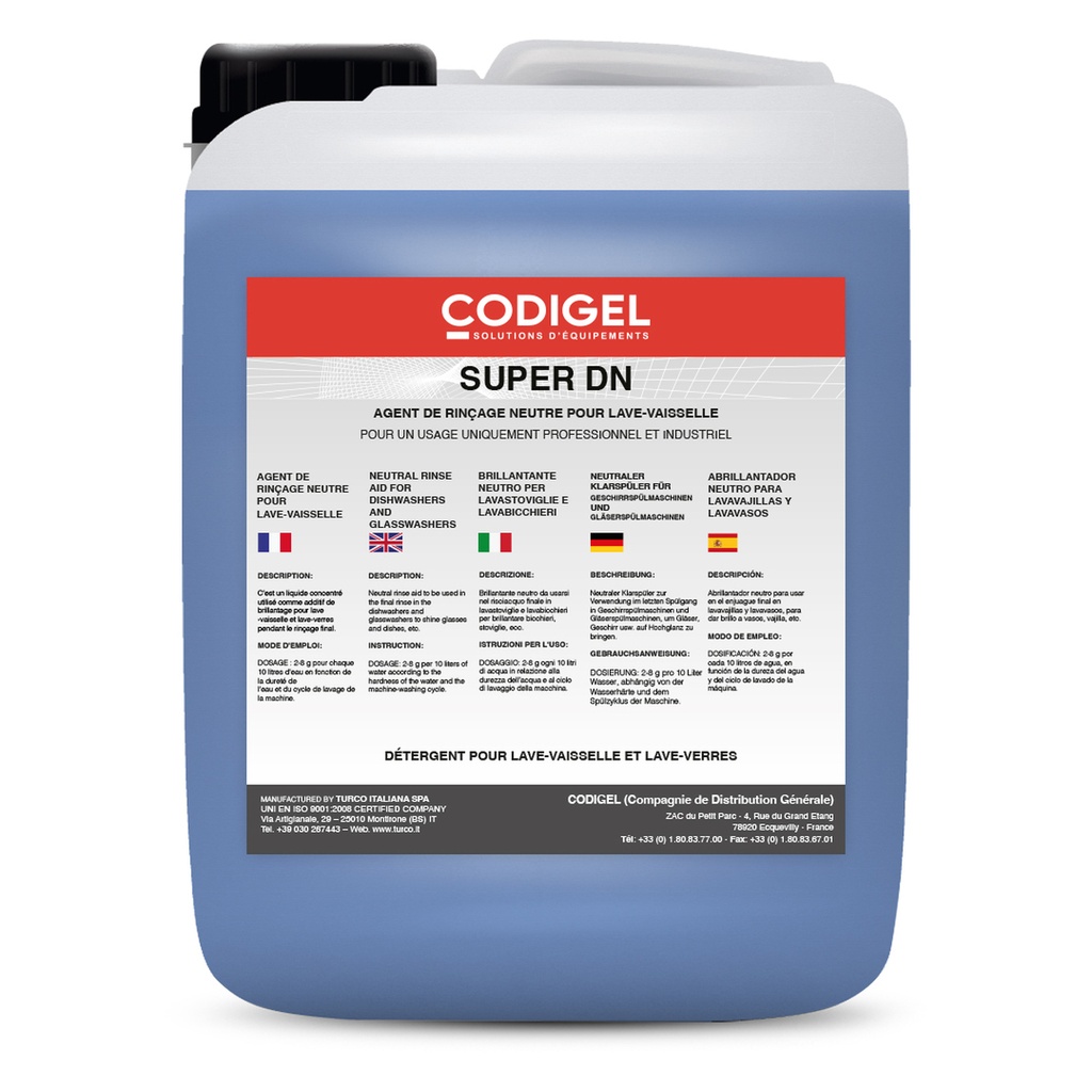 Agent liquide de rinçage neutre pour lave-vaisselle et lave-verres - Conditionnement : bidon de 10KG - SUPERDNC10U